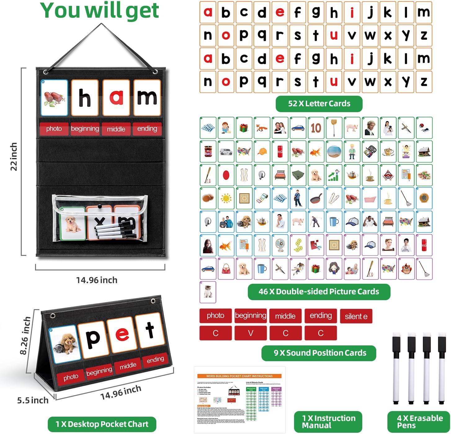 CVC Word Building Pocket Chart - Phonics Card Game 评论和价格
